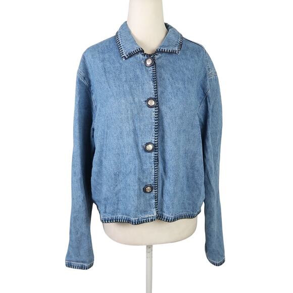 Vintage 90s Christopher & Banks blue denim jean crop jacket Large - Picture 1 of 5
